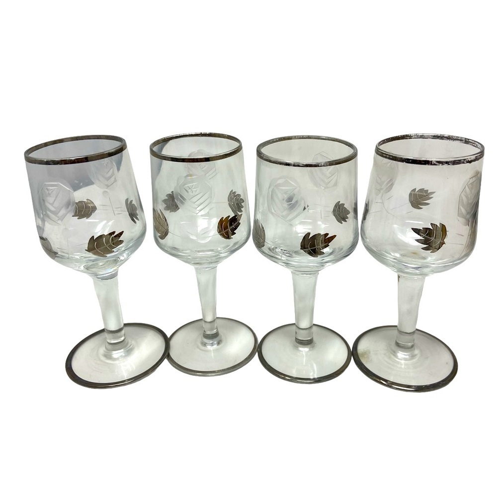 Vintage Small Silver Leaf Stemmed Liquor Glasses Crystal Set of Four. 4”
